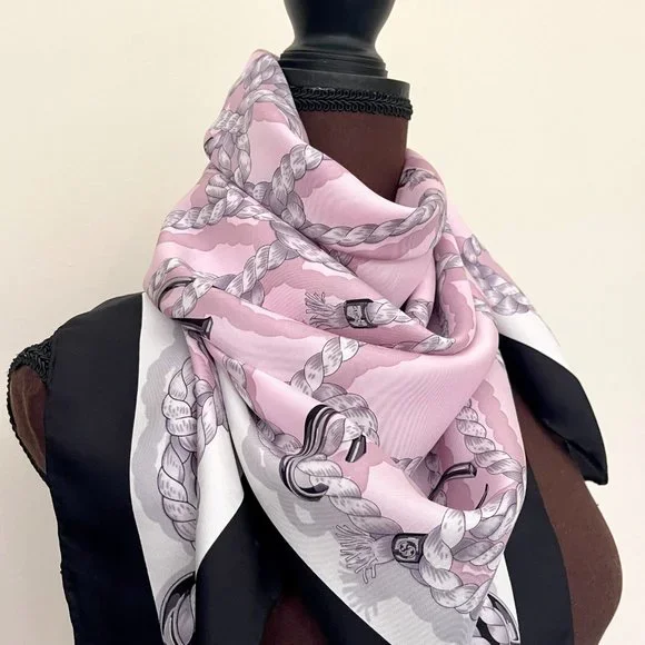 New Gucci Silk Scarf Pink Ropes Print Black Border Silk Wrap Scarf - Picture 14 of 15